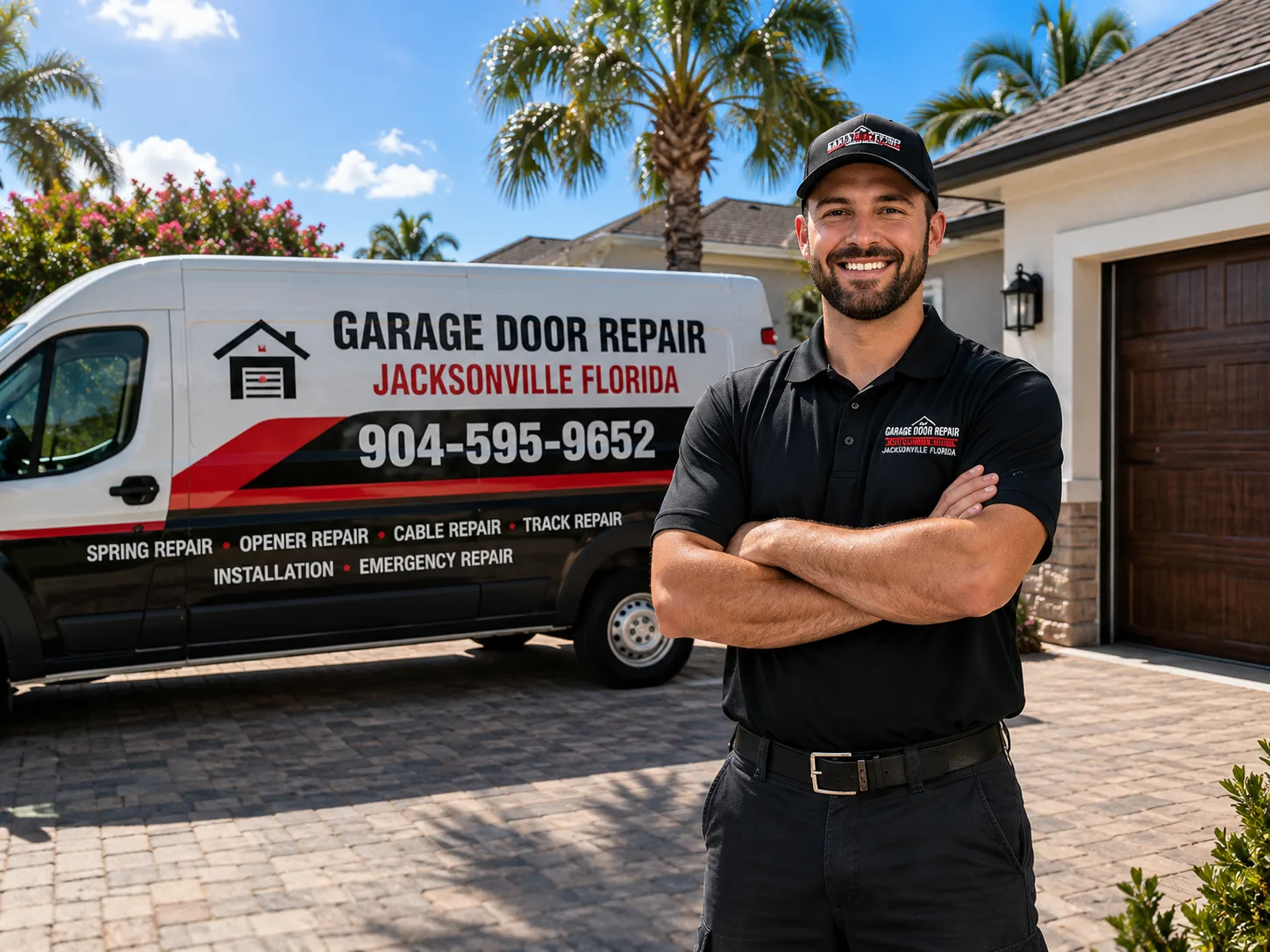 Garage Door Repair Jacksonville Florida technician standing beside a service van