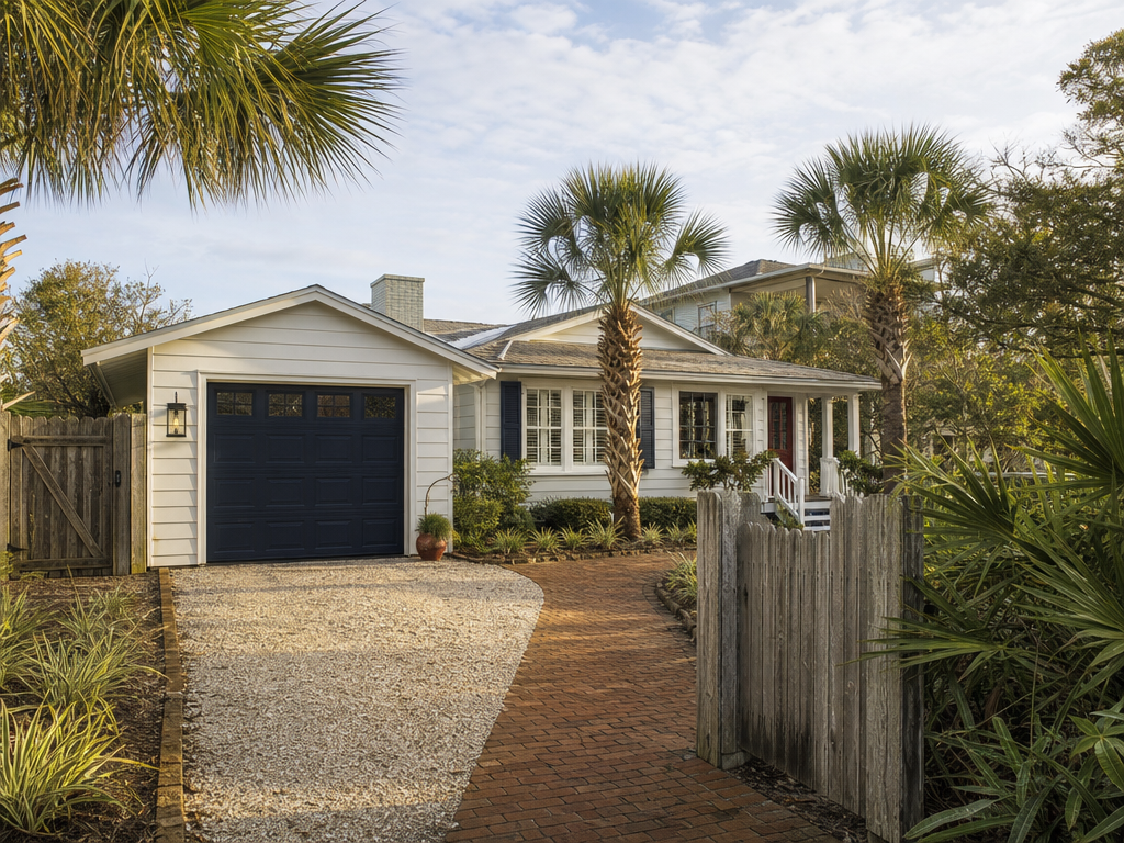 Dark garage door at an older coastal Florida cottage