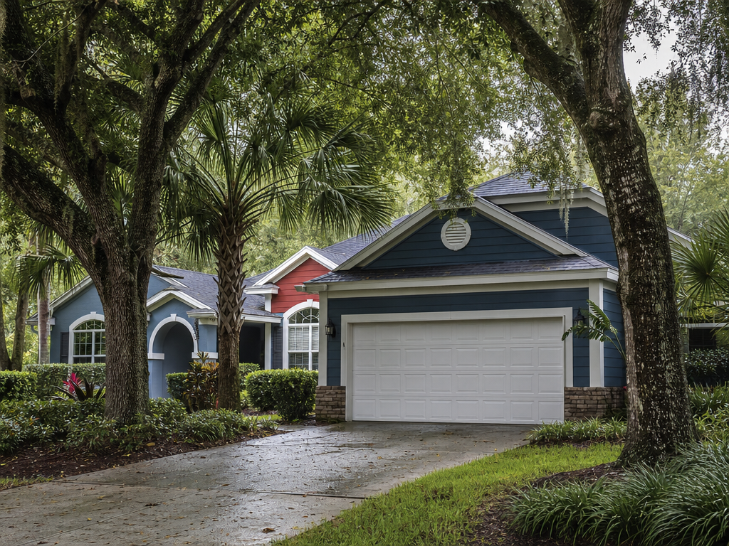 White garage door framed by live oaks and palms at a Florida home