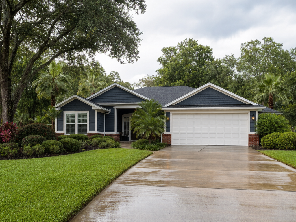 White garage door at a tree-lined suburban Florida home after rain