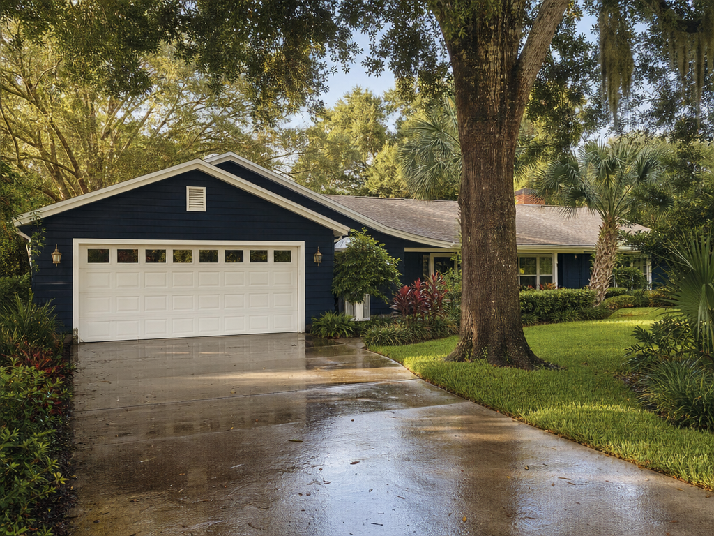 White garage door at a tree-lined Florida home after rain