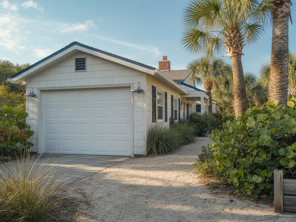 White garage door at a coastal Florida bungalow with palms and native plants