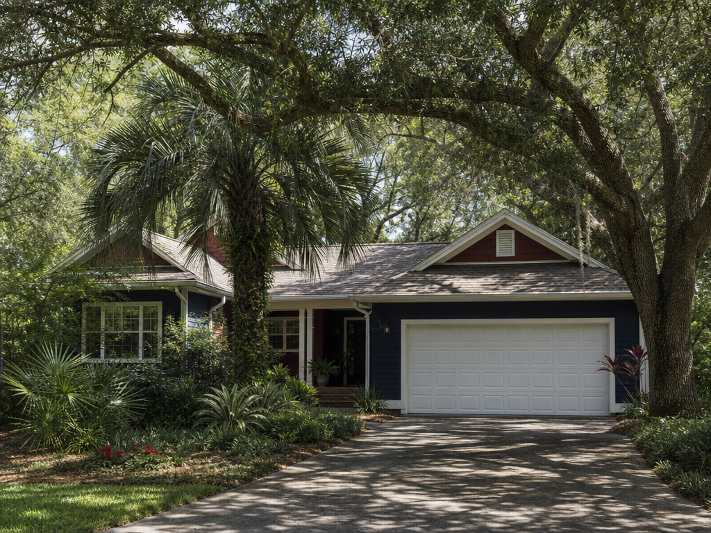 White raised-panel garage door beneath a mature live-oak canopy