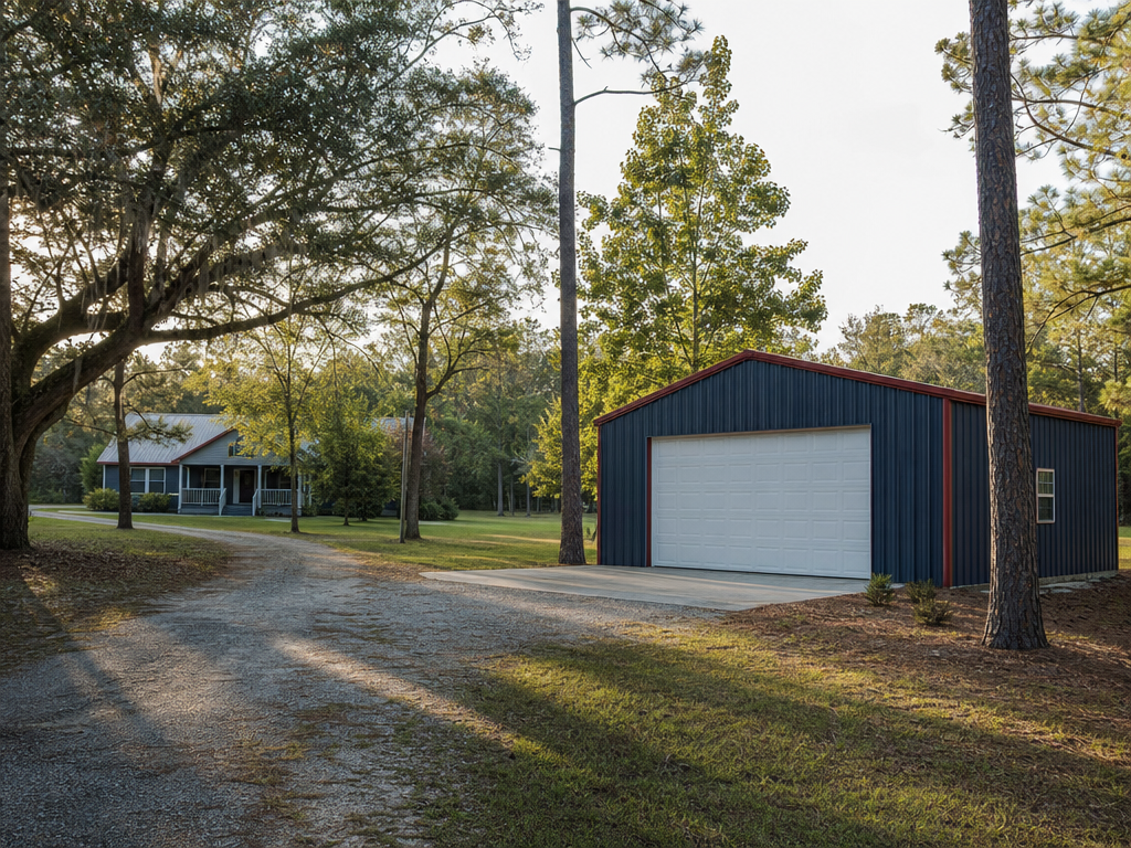 Detached garage-workshop with a white garage door on a spacious Florida property