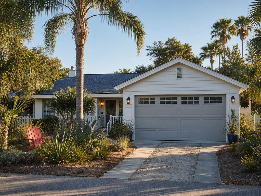 Light gray garage door at a compact coastal Florida home with palms