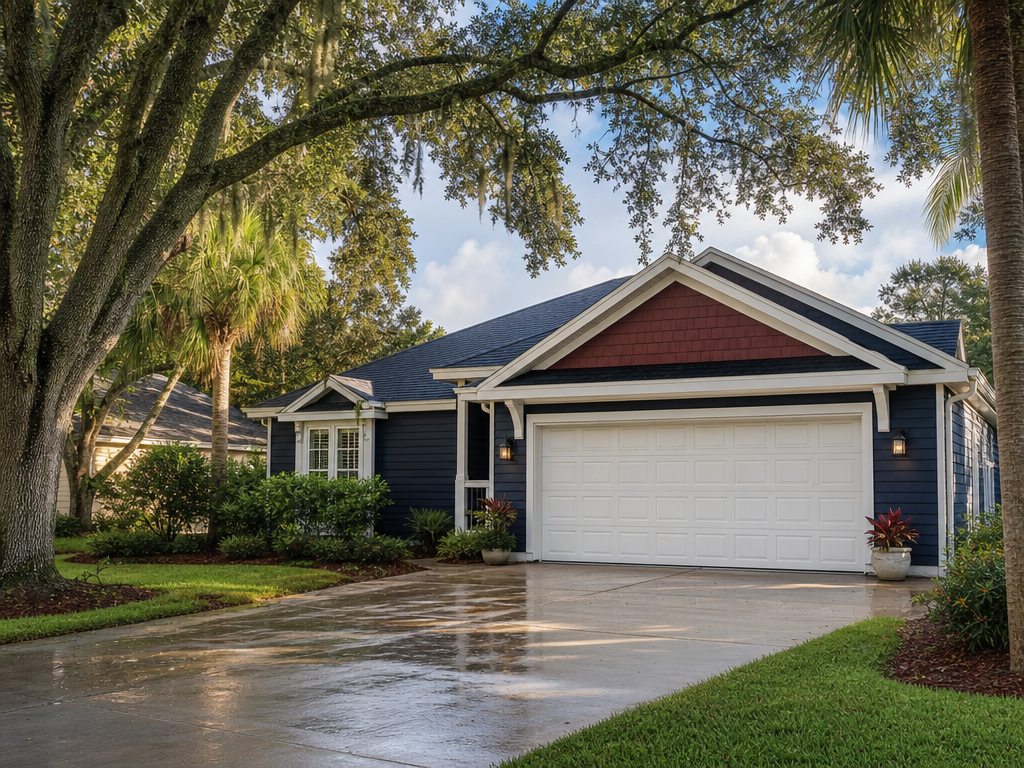 White two-car garage door at a tree-lined suburban Florida home